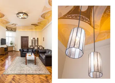 a living room and a dining room with a ceiling at Best location to explore Krakow Spacious 105m2 in Kraków