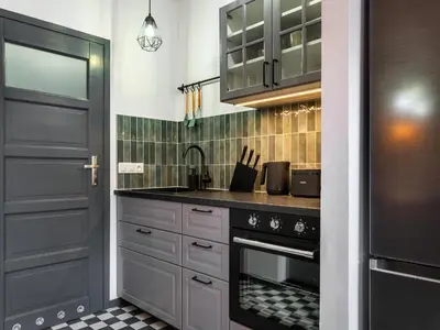 a kitchen with a sink and a stove at Podzamcze by Tyzenhauz in Kraków