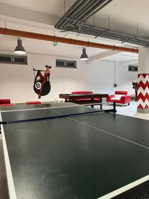 a ping pong room with a ping pong table at Gorczańskie Apartamenty Papiernia - Noclegi w górach Gorce in Niedźwiedź