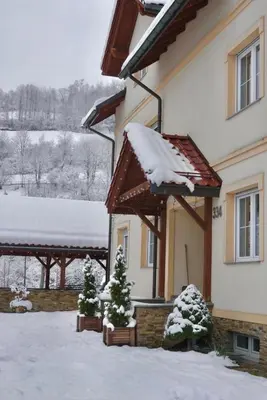 a house covered in snow with christmas trees in the yard at Gorczańskie Apartamenty Papiernia - Noclegi w górach Gorce in Niedźwiedź