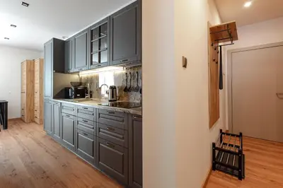 a kitchen with gray cabinets and a wooden floor at Luna Et Sol Apartments in Rząska