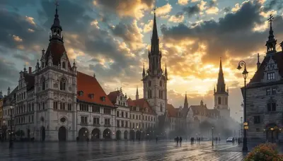 a group of buildings in a city at sunset at Cracow Copernican Apartment #1 - Old Town in Kraków