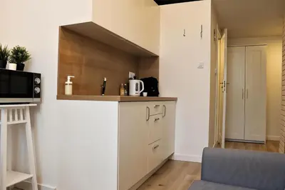 a small kitchen with a counter and a microwave at Cracow Vistula Boulevard #1 - Old Town in Kraków