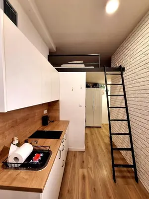 a kitchen with a loft bed and a ladder at Cracow Vistula Boulevard #1 - Old Town in Kraków