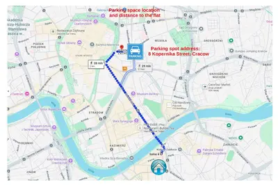 a map of a city with a blue trail at Cracow Vistula Boulevard #1 - Old Town in Kraków