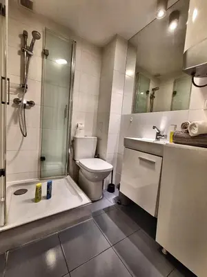 a bathroom with a shower and a toilet and a sink at Cracow Vistula Boulevard #2 - Old Town in Kraków