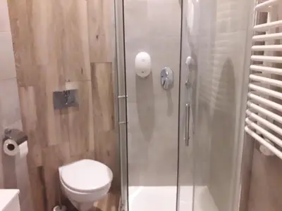 a bathroom with a glass shower with a toilet at Old Town Apt Bosacka Str - B10 in Kraków