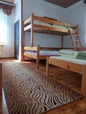 a bedroom with two bunk beds and a rug at Agroturystyka Anna in Ochotnica Górna