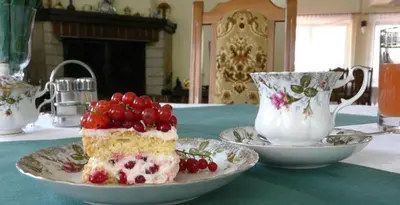 a piece of cake and a cup of tea on a table at Pensjonat Rezydencja Zuzanna Bed&Breakfast Sucha Beskidzka in Sucha Beskidzka