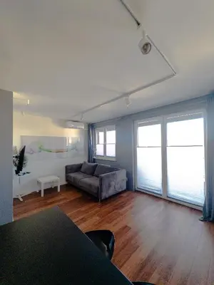 a living room with a couch and two windows at Romanowicza Street - Zabłocie - parking free in Kraków