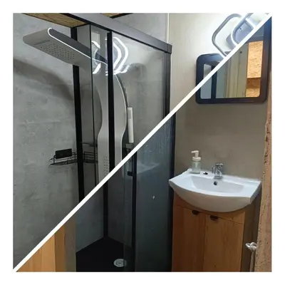 a bathroom with a glass shower and a sink at pokój kapsułowy #3 centrum in Kraków