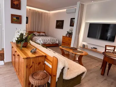 a living room with a bed and a television at Mieszkanie bez barier, przytulność na każdym kroku in Myślenice