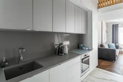a kitchen with white cabinets and a black sink at Kossak Residence - by Wawel Castle in Kraków