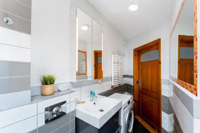 a bathroom with a white sink and a mirror at Park Krakowski Loft Apartment by BookingHost in Kraków