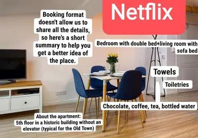 a advert for a kitchen with a table and chairs at Scandi-Style Escape in Krakow in Kraków