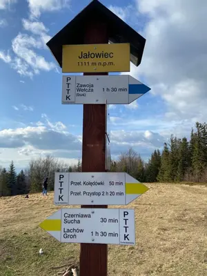 a sign with arrows on a pole in a field at Agroturystyka Pod Jałowcem in Stryszawa