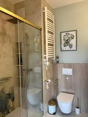 a bathroom with a glass shower and a toilet at Tropical Novum Apartment - Krakow Old Town in Kraków