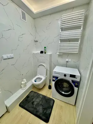 a bathroom with a washing machine and a toilet at Blue Zone Apartment with FREE Parking, Balcony and Garden in Kraków
