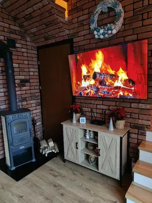 a fireplace in a living room with a tv and a fire at MICHAŁÓWKA - Domek w Górach przy Lesie - Energylandia in Targanice
