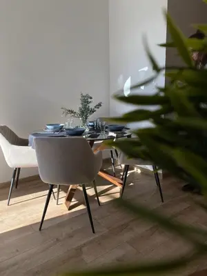 a dining room table and chairs and a plant at Leo Apartments Kraków in Kraków