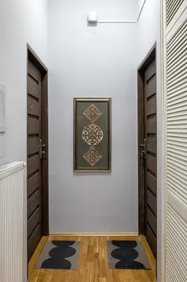 a hallway with two doors and a picture on the wall at Mint&Jade studio B in Kraków