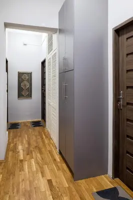 a hallway with two doors and a wooden floor at Mint&Jade studio D in Kraków