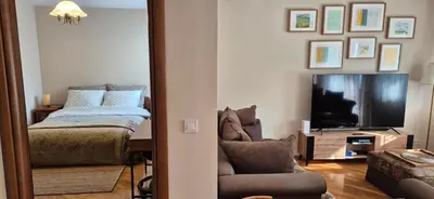 a living room with a mirror and a bed and a tv at Apartment with terrace and garage in Kraków
