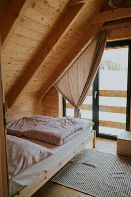 a living room with a christmas tree in it at Domki Pod Halą Krupowa - Domek Zawoja in Sidzina