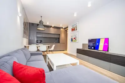 a living room with a couch and a tv at Family Apartment with 2 bedrooms, huge balcony, Free parking, 10 minutes walk to Main Square and Kazimierz District in Kraków