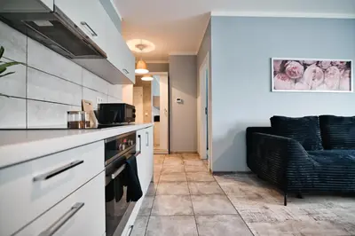 a kitchen with a stove and a couch in a room at ApartClaudia by Housine in Zator