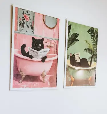 two pictures of a black cat reading a book in a bath tub at Apartament 2A na ul Wiejskiej 32c in Oświęcim