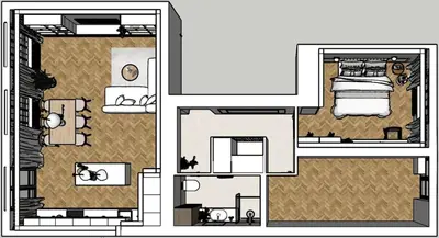 a floor plan of a bedroom and a living room at Parkside Family Suite in Kraków