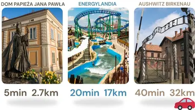 a collage of three pictures of a water park at Apartament Nad Stawem in Wadowice