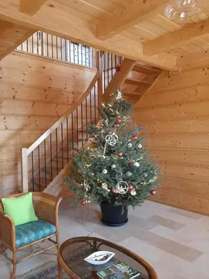 a christmas tree in a room with a staircase at Villa of Roses in Lanckorona