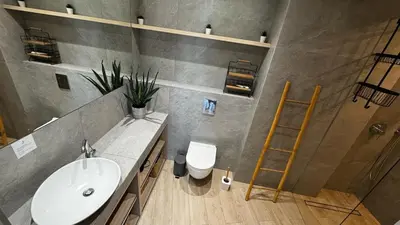 a bathroom with a sink and a toilet and a ladder at Cubicle 52 Terrace & Free Parking in Kraków