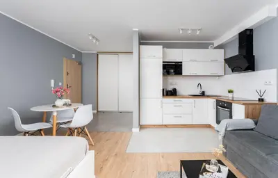 a living room and kitchen with a couch and a table at Vistula Boulevard Apartment with free parking spot in Kraków