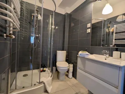 a bathroom with a shower and a toilet and a sink at KrakowCharm private apartment Old Town in Kraków