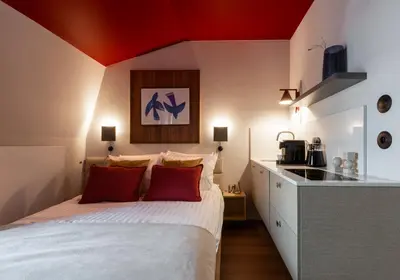 a bedroom with a bed with a red ceiling at Ironique by MB Apartments in Kraków