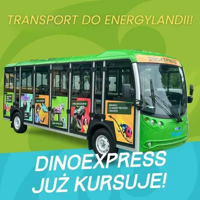 a green bus with an advertisement for a bus at Kemping i Pole Namiotowe River Park Zator SPA RESORT in Zator