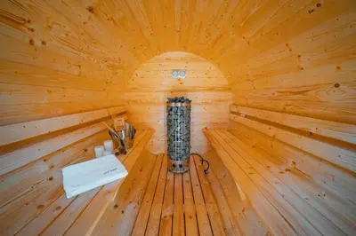 an inside view of a wooden sauna at Kemping i Pole Namiotowe River Park Zator SPA RESORT in Zator