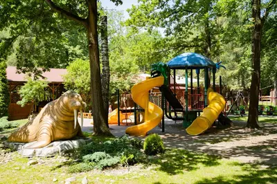 a park with a playground with slides and a dog statue at Kemping i Pole Namiotowe River Park Zator SPA RESORT in Zator