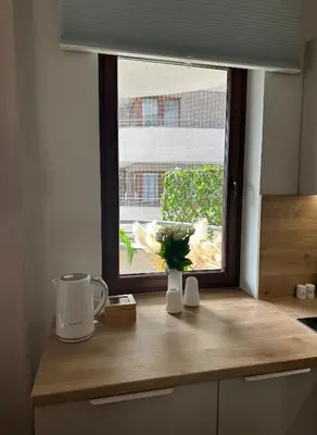 a window with a vase of flowers on a kitchen counter at Kaskada Apartment in Kraków