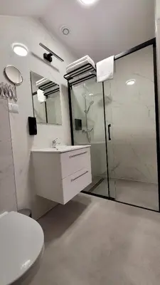 a bathroom with a shower and a sink and a toilet at Wiślana 4 in Spytkowice