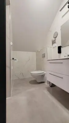 a white bathroom with a toilet and a shower at Wiślana 4 in Spytkowice
