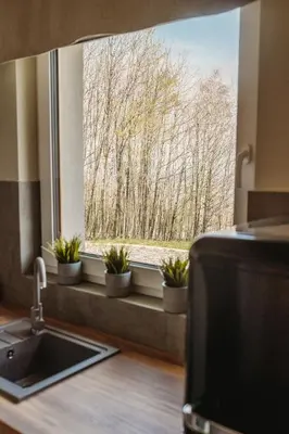 a kitchen window with potted plants on a window sill at Beskidzka Kraina in Porąbka