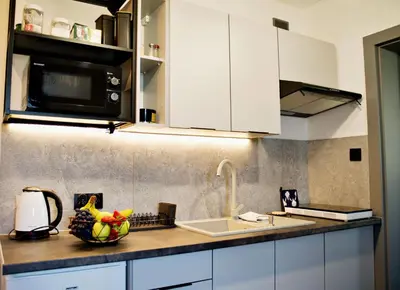 a kitchen counter with a sink and a microwave at Apartamenty na Zatorskiej by Housine in Zator