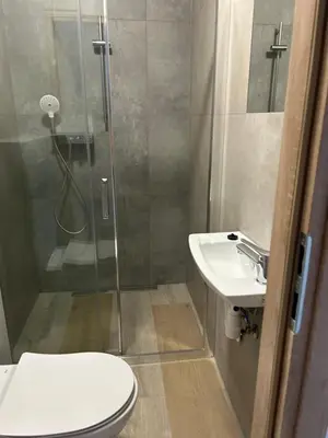 a bathroom with a shower and a toilet and a sink at Lawendlove in Kraków