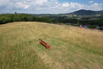 a bench sitting on top of a grassy hill at Wiśniowe Zacisze - Agroturystyka in Sułkowice