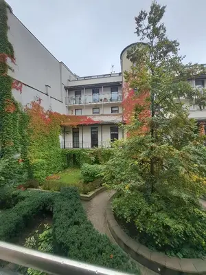 a garden in front of a building with a tree at Kopernik-us 2 rooms - Old Town in Kraków