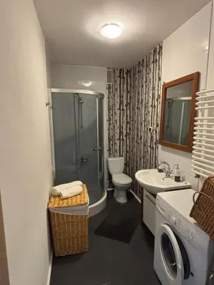 a bathroom with a shower and a toilet and a sink at Cozy Studio Apartment Krakow in Kraków